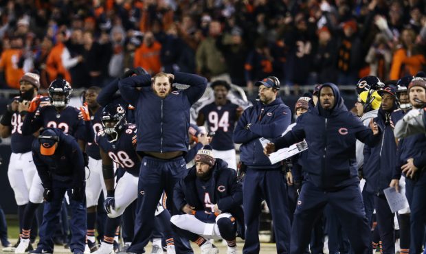 CHICAGO, ILLINOIS - JANUARY 06: The Bears bench reacts as Cody Parkey #1 of the Chicago Bears misse...