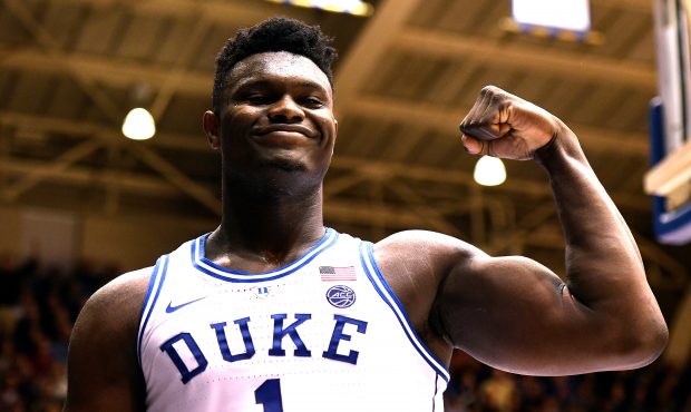 DURHAM, NC - FEBRUARY 16: Zion Williamson #1 of the Duke Blue Devils reacts during their game again...