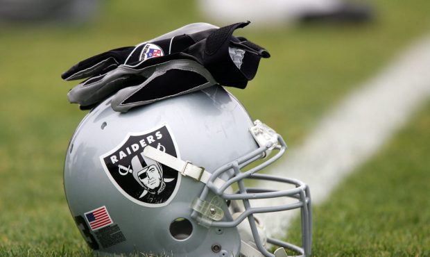 NAPA, CA - AUGUST 3:  A detail shot of a helmet and gloves during the Oakland Raiders Training Camp...