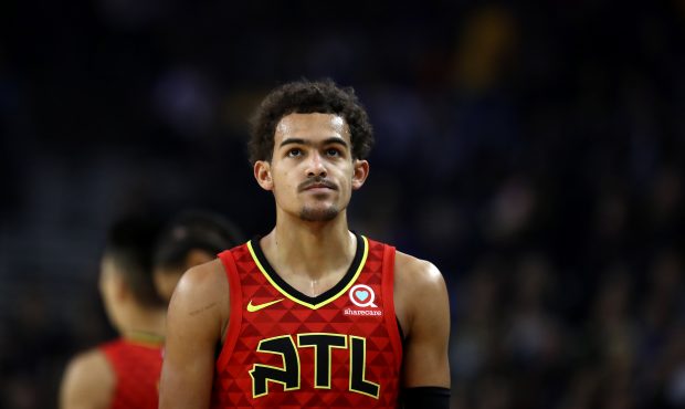 OAKLAND, CA - NOVEMBER 13:  Trae Young #11 of the Atlanta Hawks stands on the court during their ga...