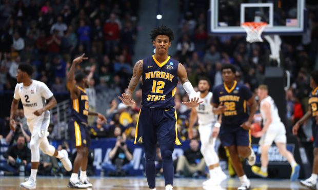 HARTFORD, CONNECTICUT - MARCH 21:  Ja Morant #12 of the Murray State Racers celebrates scoring at t...