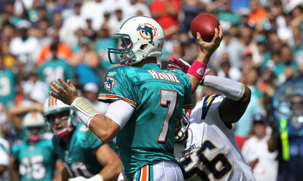 SAN DIEGO, CA - OCTOBER 02: Quarterback Chad Henne #7 of the Miami Dolphins throws a pass against t...