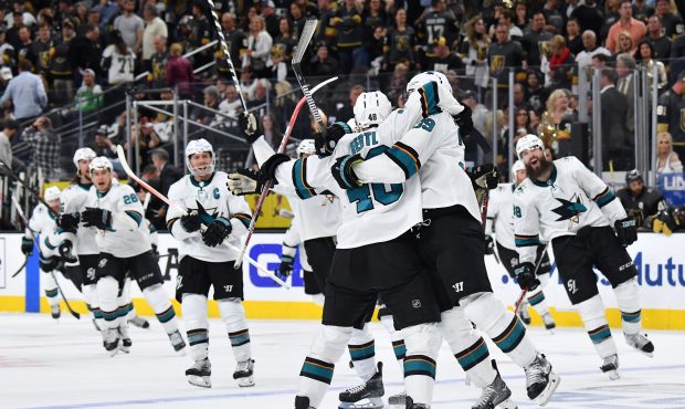 LAS VEGAS, NV - APRIL 21:   The San Jose Sharks celebrate their double overtime victory over the Ve...