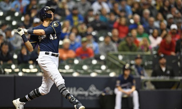 MILWAUKEE, WISCONSIN - APRIL 15: Christian Yelich #22 of the Milwaukee Brewers hits a home run duri...