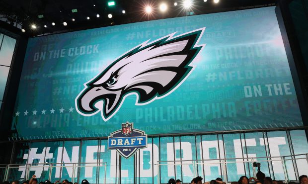 ARLINGTON, TX - APRIL 26: The Philadelphia Eagles logo is seen on a video board during the first ro...