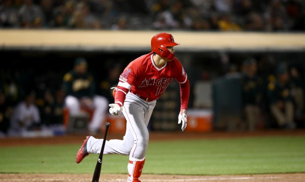 OAKLAND, CALIFORNIA - MAY 28: Shohei Ohtani #17 of the Los Angeles Angels hits a single that scored...