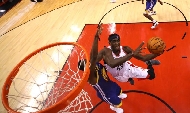 TORONTO, ONTARIO - MAY 30:  Pascal Siakam #43 of the Toronto Raptors attempts a lay up against the ...