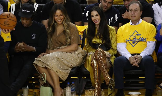 OAKLAND, CALIFORNIA - JUNE 05: (L-R) Jay-Z, Beyonce, Nicole Curran and Joseph S. Lacob attend Game ...
