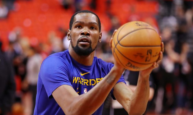 TORONTO, ONTARIO - JUNE 10:  Kevin Durant #35 of the Golden State Warriors warms up prior to Game F...