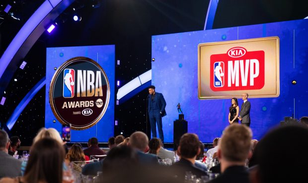 SANTA MONICA, CALIFORNIA - JUNE 24: Giannis Antetokounmpo
accepts his MVP award at the NBA Awards a...