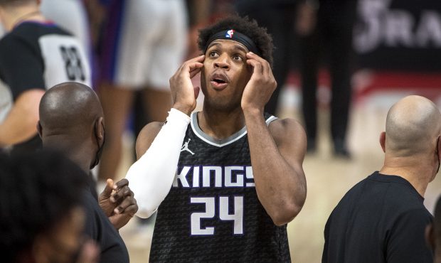 Buddy Hield #24 of the Sacramento Kings reacts during the fourth quarter against the Detroit Piston...