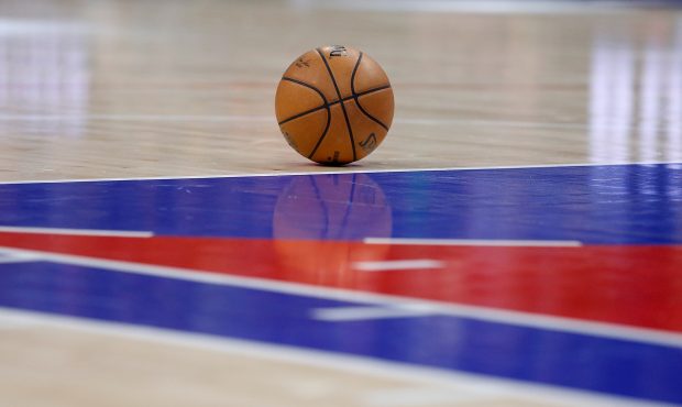 SACRAMENTO, CALIFORNIA - NOVEMBER 30: A basketball sits on the court during a timeout in the game b...