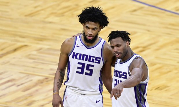 ORLANDO, FLORIDA - JANUARY 27: Marvin Bagley III #35 and Buddy Hield #24 discuss a play during the ...