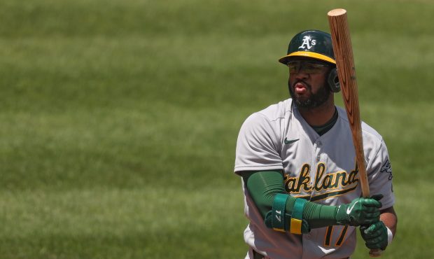 BALTIMORE, MARYLAND - APRIL 25: Elvis Andrus #17 of the Oakland Athletics reacts after striking out...