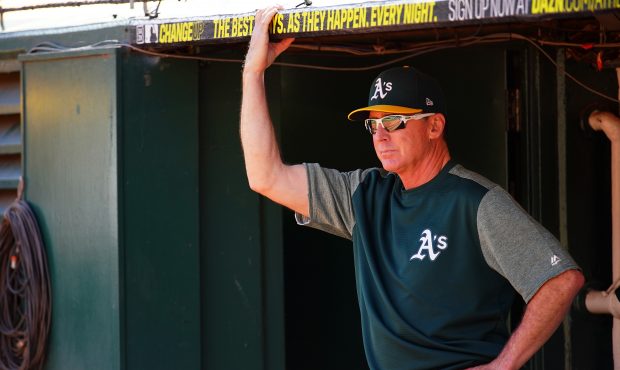 OAKLAND, CALIFORNIA - SEPTEMBER 18: Manager Bob Melvin #6 of the Oakland Athletics looks on during ...