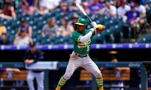 DENVER, CO - JUNE 6: Tony Kemp #5 of the Oakland Athletics bats during the third inning against the...