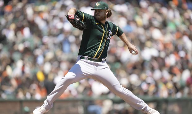 SAN FRANCISCO, CALIFORNIA - JUNE 27: Cole Irvin #19 of the Oakland Athletics pitches against the Sa...