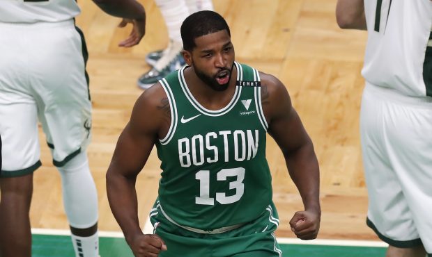 Boston Celtics' Tristan Thompson reacts during the first half of an NBA basketball game against the...