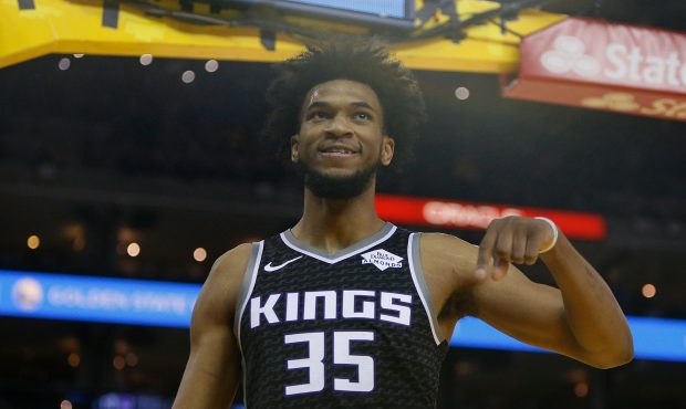 OAKLAND, CA - FEBRUARY 21: Marvin Bagley III #35 of the Sacramento Kings reacts after making a bask...