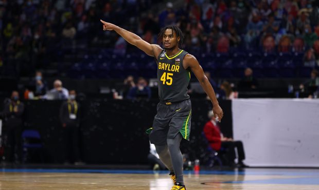 INDIANAPOLIS, INDIANA - APRIL 05: Davion Mitchell #45 of the Baylor Bears gestures during the secon...