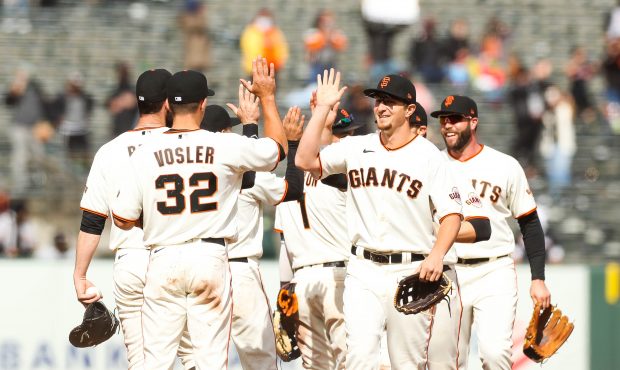 SAN FRANCISCO - APRIL 25: San Francisco Giants players celebrate after their 4-3 win over the Miami...