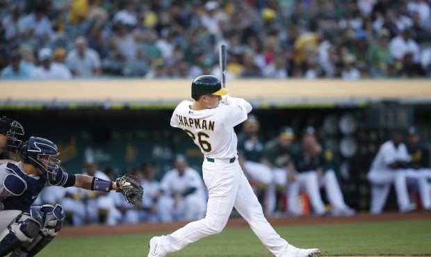 OAKLAND, CA - AUGUST 21: Matt Chapman #26 of the Oakland Athletics bats during the game against the...