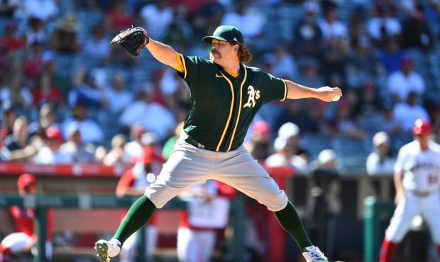ANAHEIM, CA - AUGUST 01: Oakland Athletics pitcher Andrew Chafin (39) throws a pitch during a MLB g...