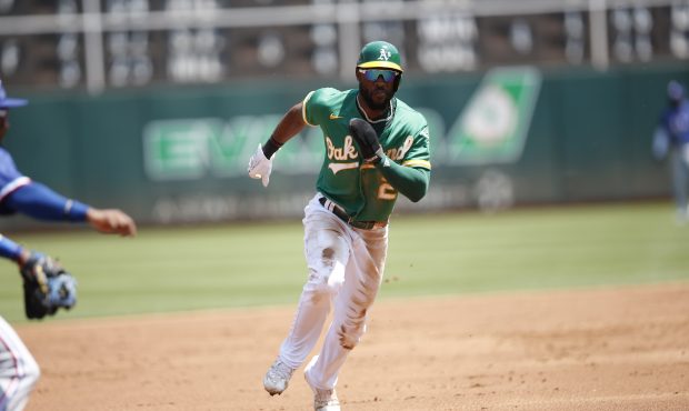 OAKLAND, CA - AUGUST 8: Starling Marte #2 of the Oakland Athletics runs the bases during the game a...