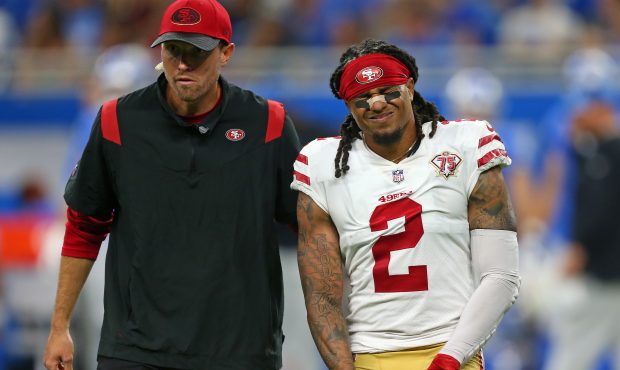 San Francisco 49ers defensive back Jason Verrett leaves the field after an injury during the second...