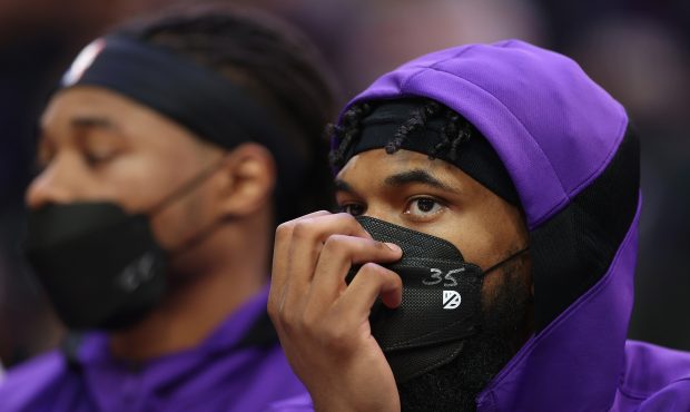 PHOENIX, ARIZONA - OCTOBER 27: Marvin Bagley III #35 of the Sacramento Kings watches from the bench...