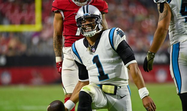 GLENDALE, ARIZONA - NOVEMBER 14: Cam Newton #1 of the Carolina Panthers reacts after running with t...