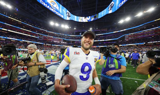 INGLEWOOD, CALIFORNIA - FEBRUARY 13: Matthew Stafford #9 of the Los Angeles Rams celebrates after S...
