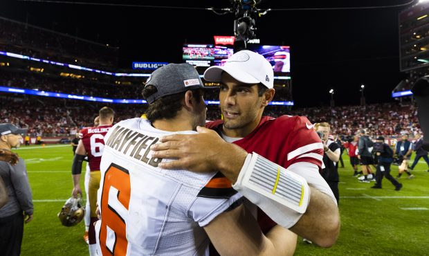 SANTA CLARA, CA - OCTOBER 07: Cleveland Browns quarterback Baker Mayfield (6) hugs San Francisco 49...