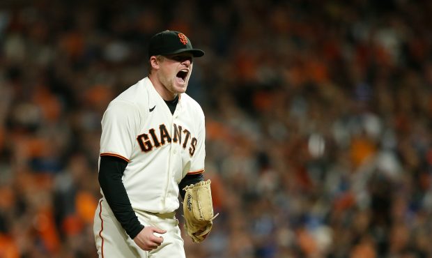 SAN FRANCISCO, CA - OCTOBER 14: Logan Webb #62 of the San Francisco Giants reacts after getting a s...