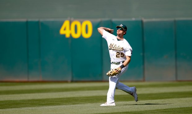 OAKLAND, CA - April 20: Stephen Piscotty #25 of the Oakland Athletics fields during the game agains...