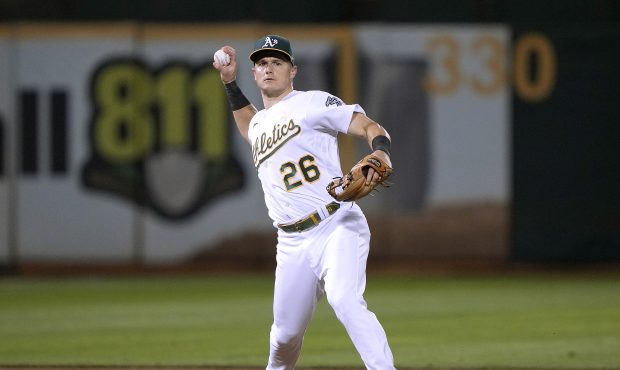 OAKLAND, CALIFORNIA - SEPTEMBER 07: Matt Chapman #26 of the Oakland Athletics throws to first base ...