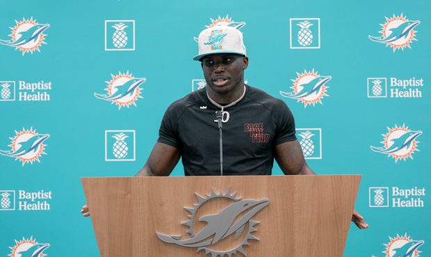 MIAMI GARDENS, FLORIDA - MARCH 24: Tyreek Hill speaks with the media after being introduced by the ...