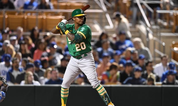 GLENDALE, AZ - MARCH 29, 2022: Cristian Pache #20 of the Oakland Athletics bats during the seventh ...
