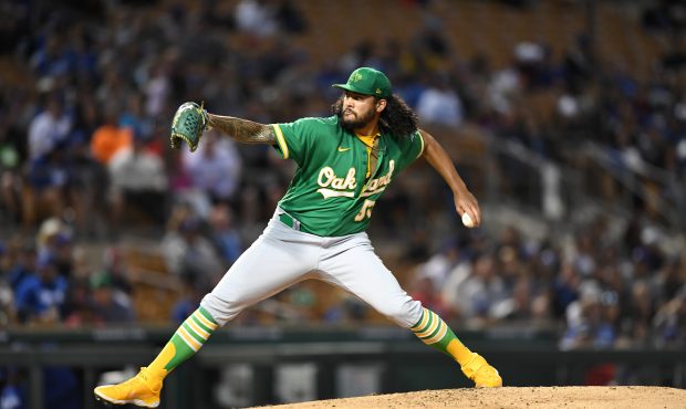 GLENDALE, AZ - MARCH 29, 2022: Sean Manaea #55 of the Oakland Athletics throws a pitch during the t...