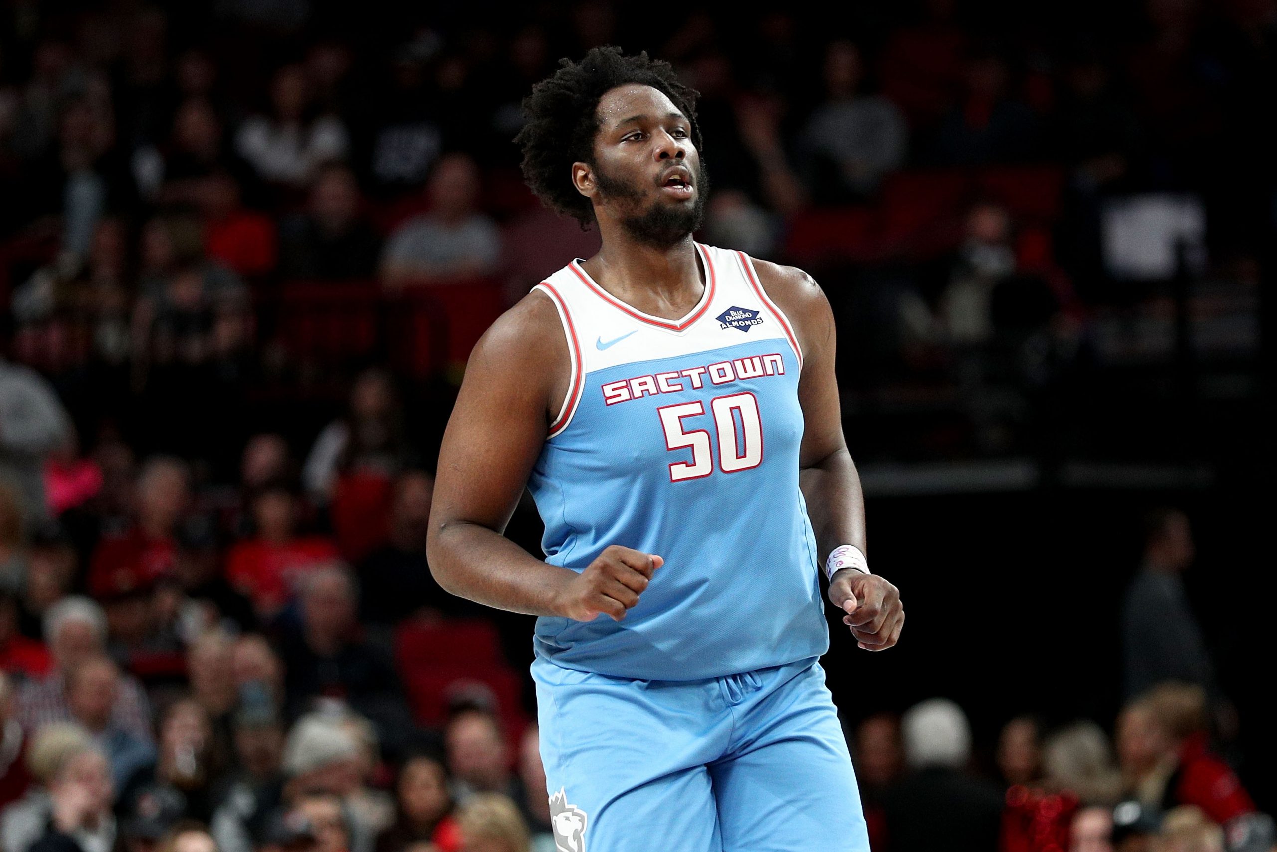 PORTLAND, OR - APRIL 10: Caleb Swanigan #50 of the Sacramento Kings reacts against the Portland Tra...