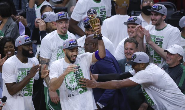 Miami - May 29: Boston Celtics Boston Celtics forward Jayson Tatum (0) lifting the MVP trophy after...