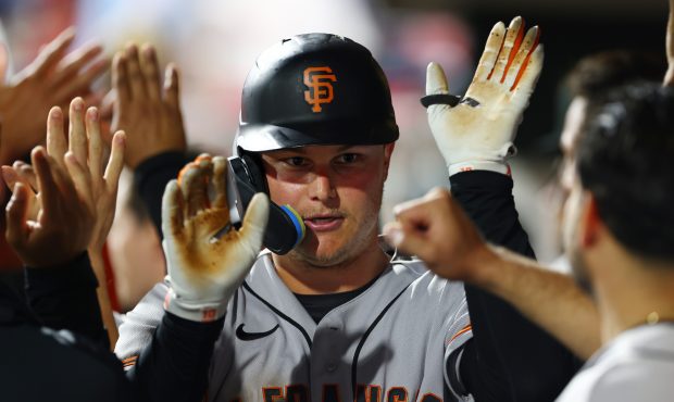 PHILADELPHIA, PA - MAY 31: Joc Pederson #23 of the San Francisco Giants in congratulated after he h...