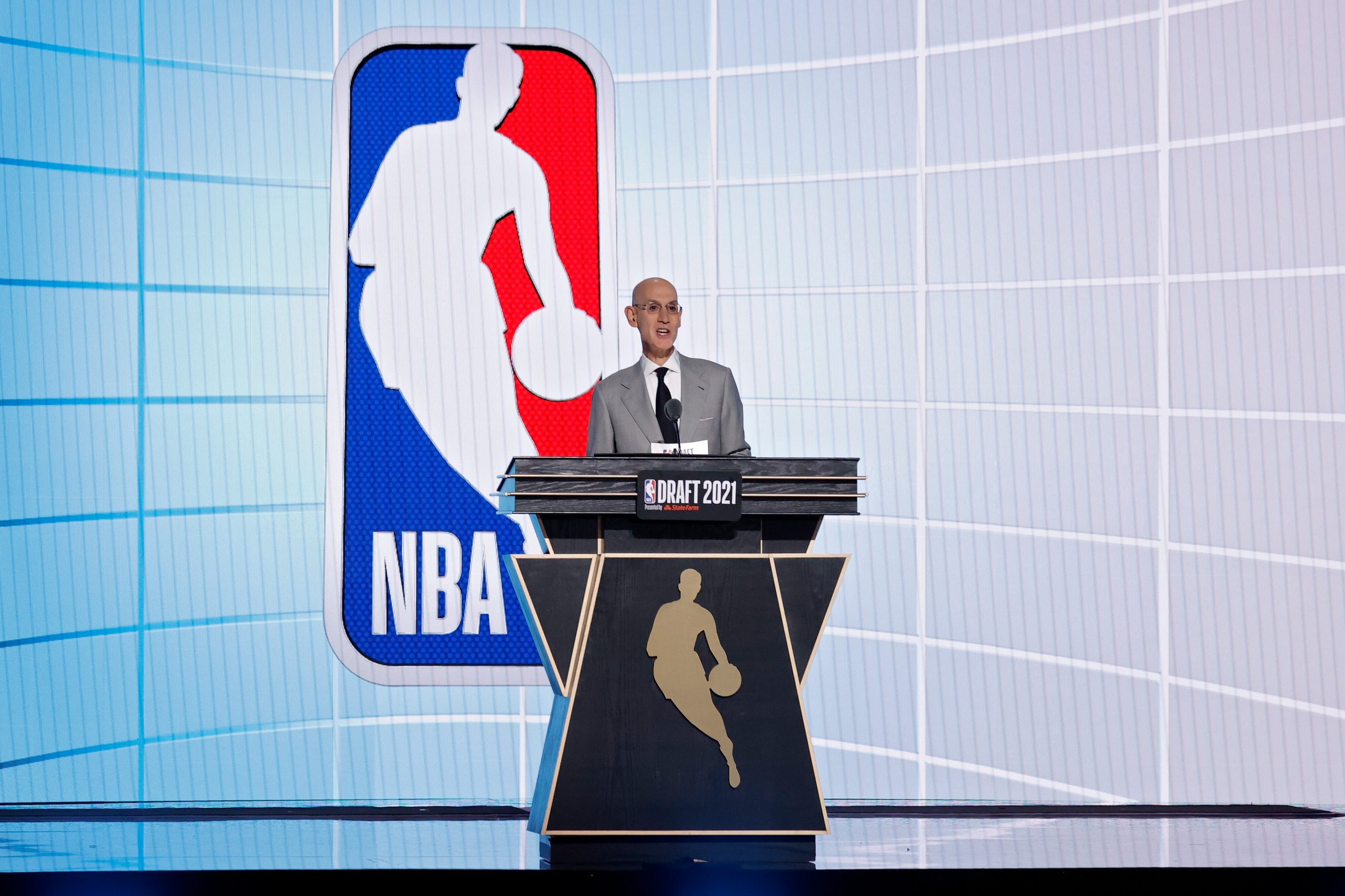 NEW YORK, NEW YORK - JULY 29: NBA commissioner Adam Silver speaks during the 2021 NBA Draft at the ...