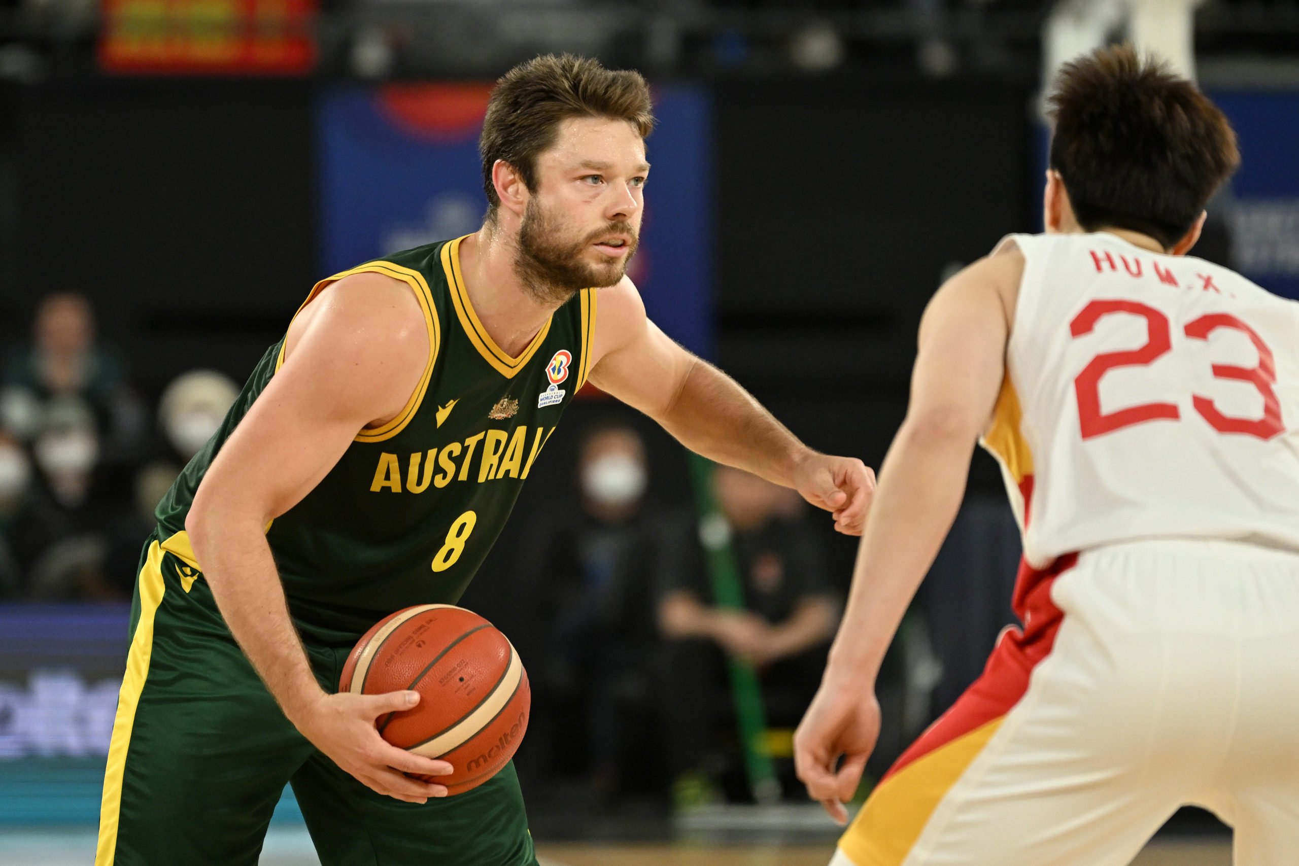 Matthew Dellavedova holds the ball during the FIBA World Cup Asian Qualifier match...
