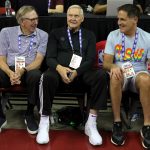 LAS VEGAS, NEVADA - JULY 08: (L-R) Naismith Memorial Basketball Hall of Fame member Rod Thorn, LA Clippers executive board member Jerry West and Dallas Mavericks owner Mark Cuban talk as they attend a game between the Mavericks and the Chicago Bulls during the 2022 NBA Summer League at the Thomas & Mack Center on July 08, 2022 in Las Vegas, Nevada. NOTE TO USER: User expressly acknowledges and agrees that, by downloading and or using this photograph, User is consenting to the terms and conditions of the Getty Images License Agreement. (Photo by Ethan Miller/Getty Images)