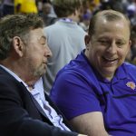 LAS VEGAS, NEVADA - JULY 08: Owner James Dolan (L) and head coach Tom Thibodeau of the New York Knicks attend the 2022 NBA Summer League at the Thomas & Mack Center on July 08, 2022 in Las Vegas, Nevada. NOTE TO USER: User expressly acknowledges and agrees that, by downloading and or using this photograph, User is consenting to the terms and conditions of the Getty Images License Agreement. (Photo by Ethan Miller/Getty Images)