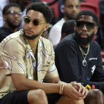 LAS VEGAS, NEVADA - JULY 10: Ben Simmons (L) and Royce O'Neale of the Brooklyn Nets attend a game between the Nets and the Philadelphia 76ers during the 2022 NBA Summer League at the Thomas & Mack Center on July 10, 2022 in Las Vegas, Nevada. NOTE TO USER: User expressly acknowledges and agrees that, by downloading and or using this photograph, User is consenting to the terms and conditions of the Getty Images License Agreement. (Photo by Ethan Miller/Getty Images)