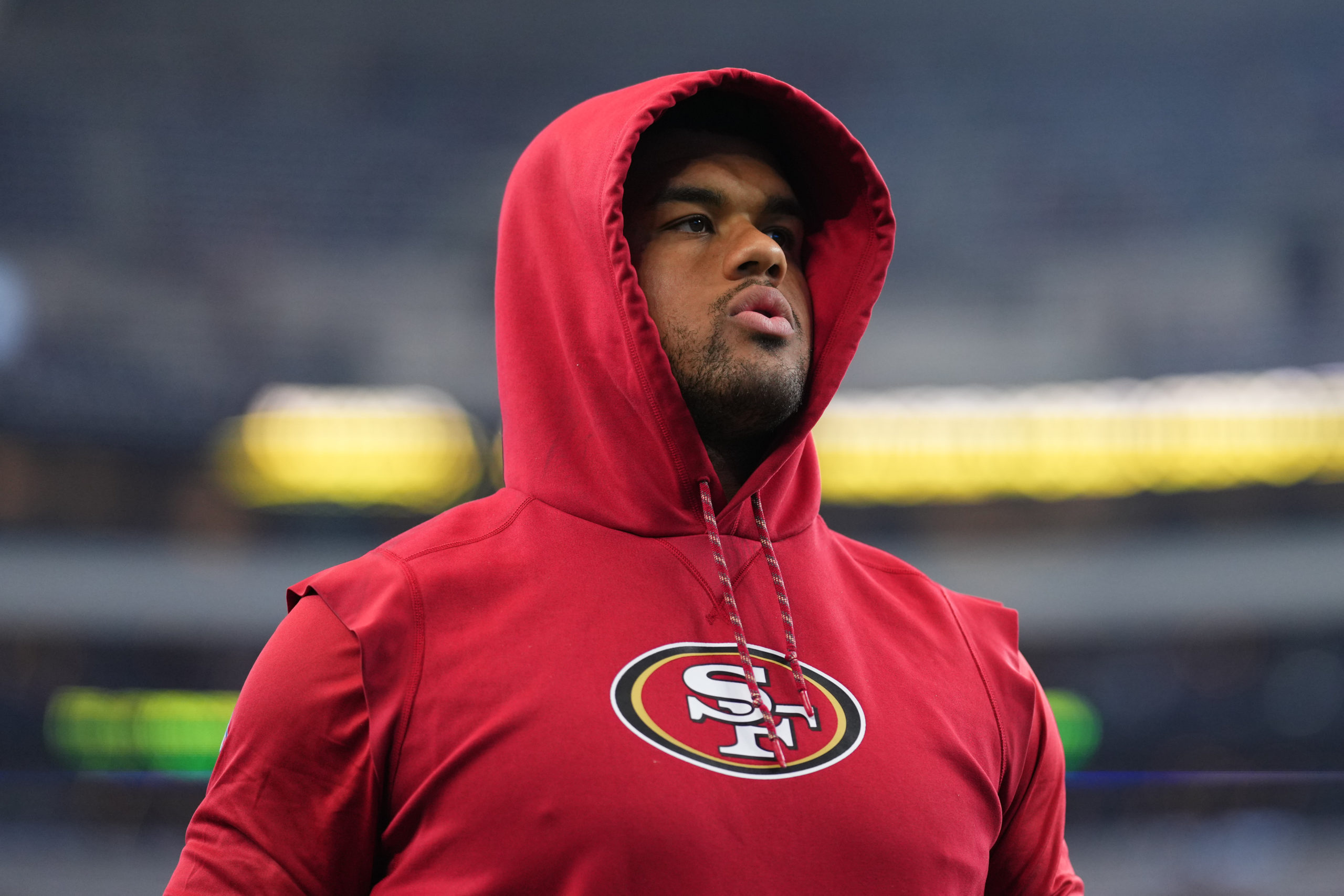 Arik Armstead #91 of the San Francisco 49ers warms up against the Dallas Cowboys prior to an NFL wi...