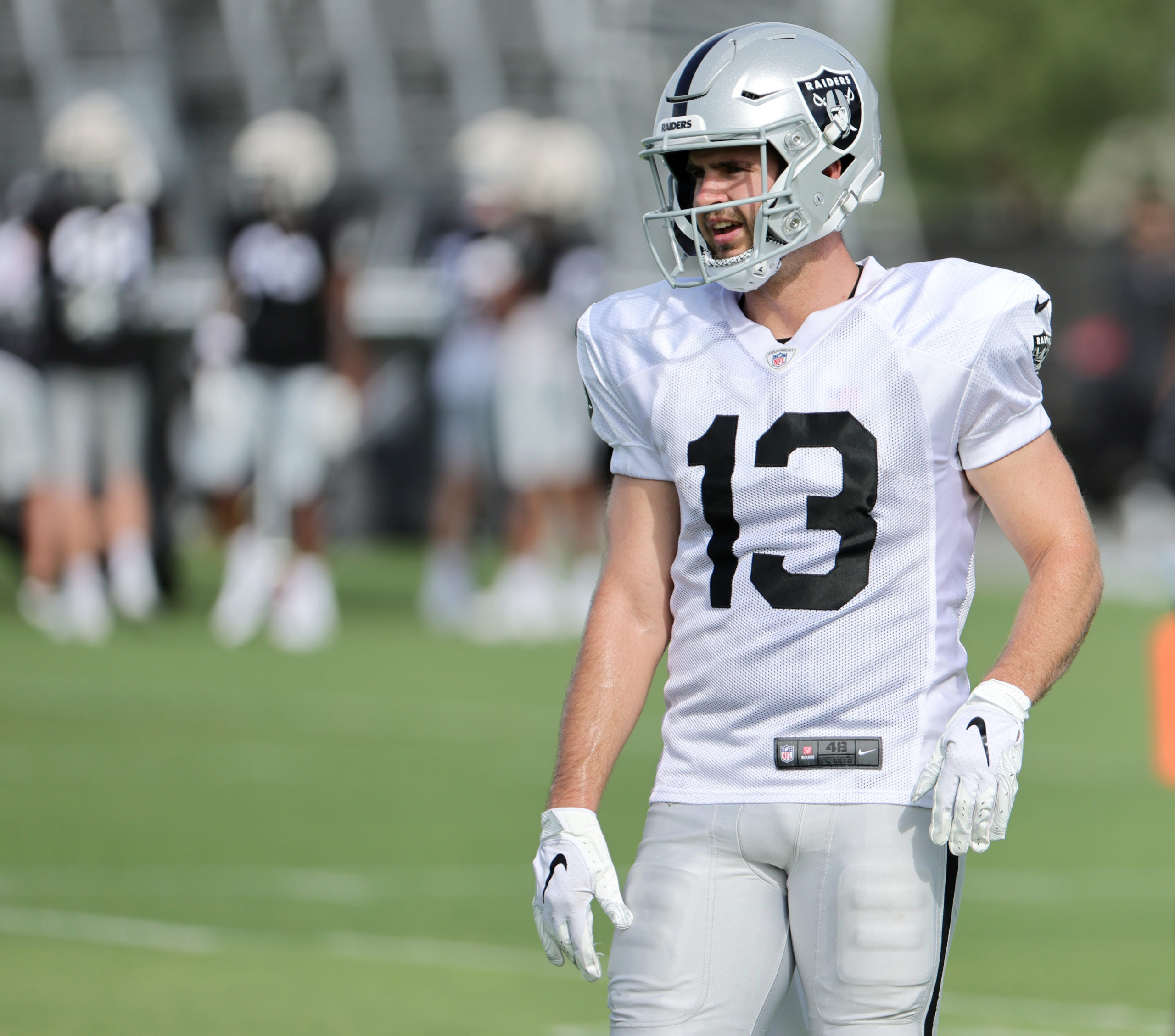 Wide receiver Hunter Renfrow of the Las Vegas Raiders walks on a field during the team's first full...
