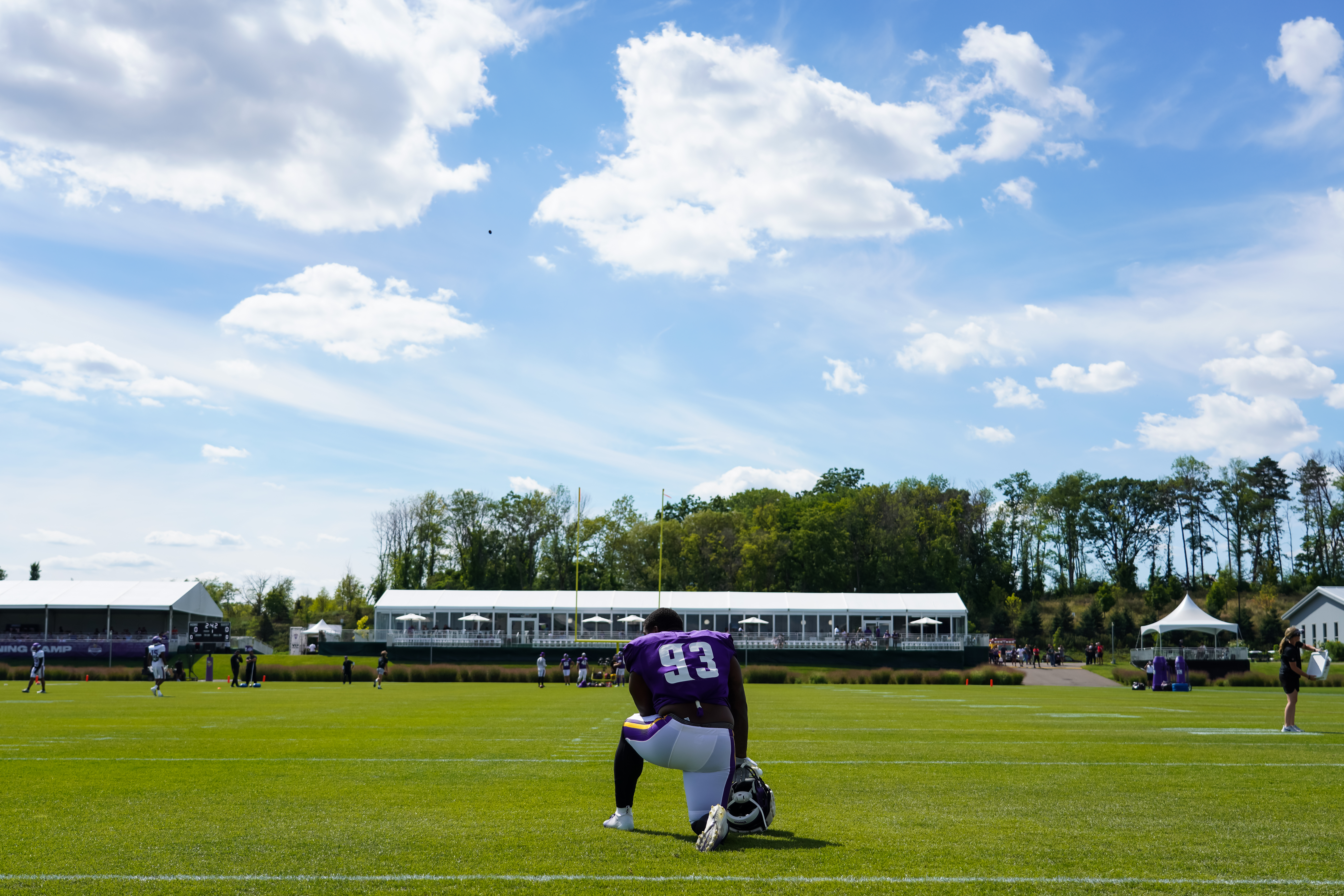 Jaylen Twyman #93 of the Minnesota Vikings looks on during training camp at TCO Performance Center ...